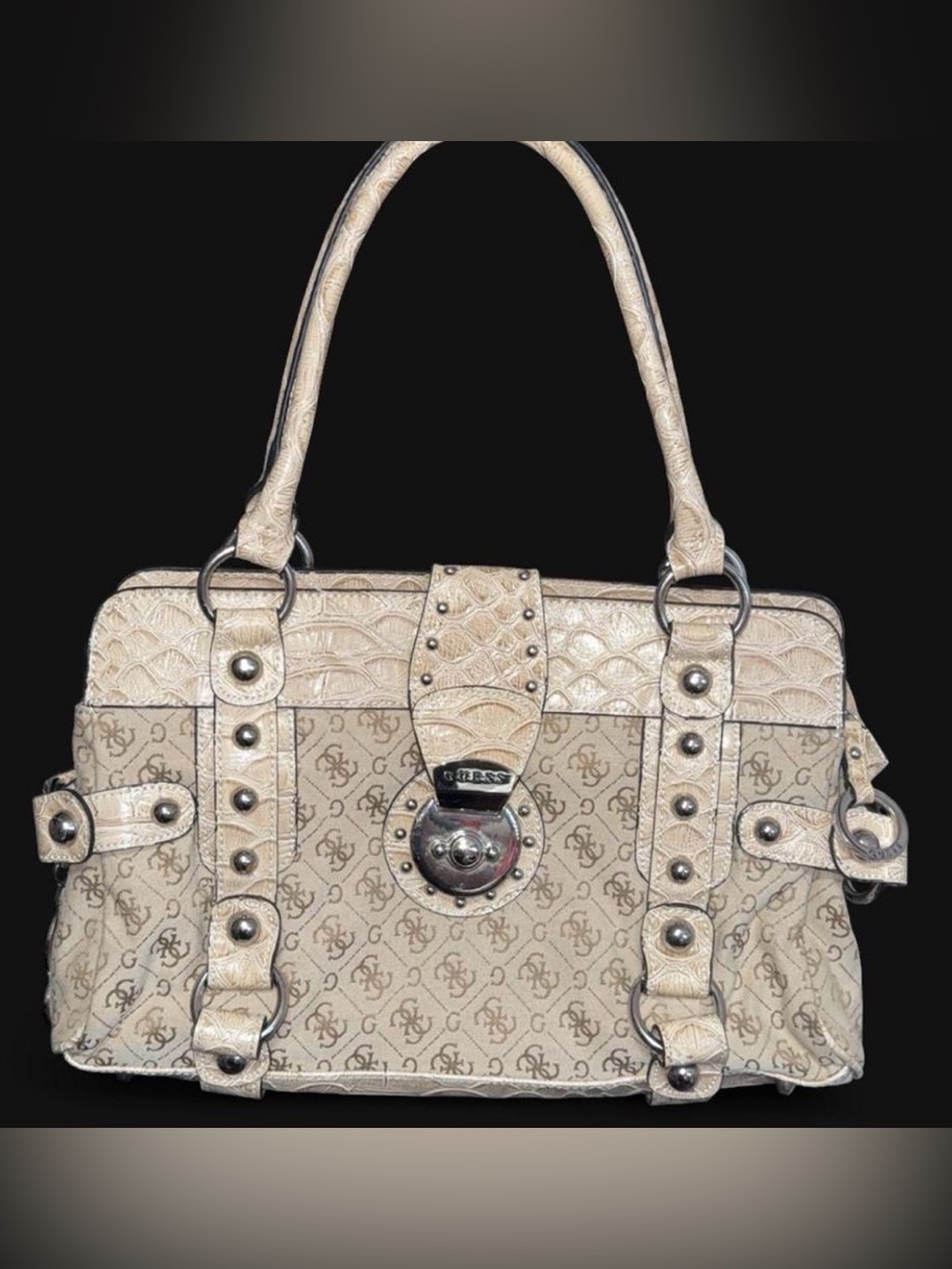 GUESS Beige Logo Pattern Satchel with Studded Trim vintage Y2K